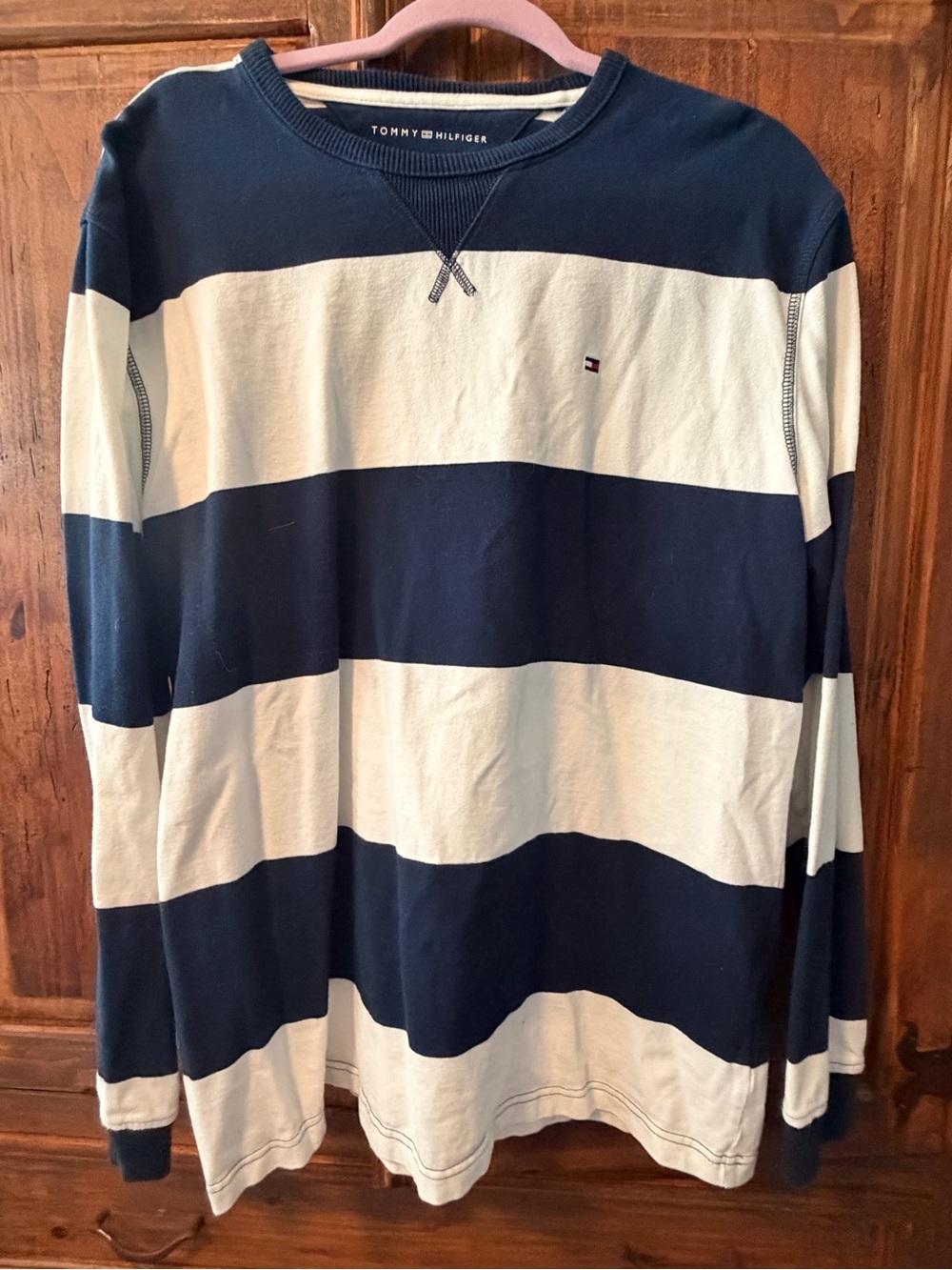 Tommy Hilfiger Navy and White Striped Long-Sleeve Crew Sweatshirt